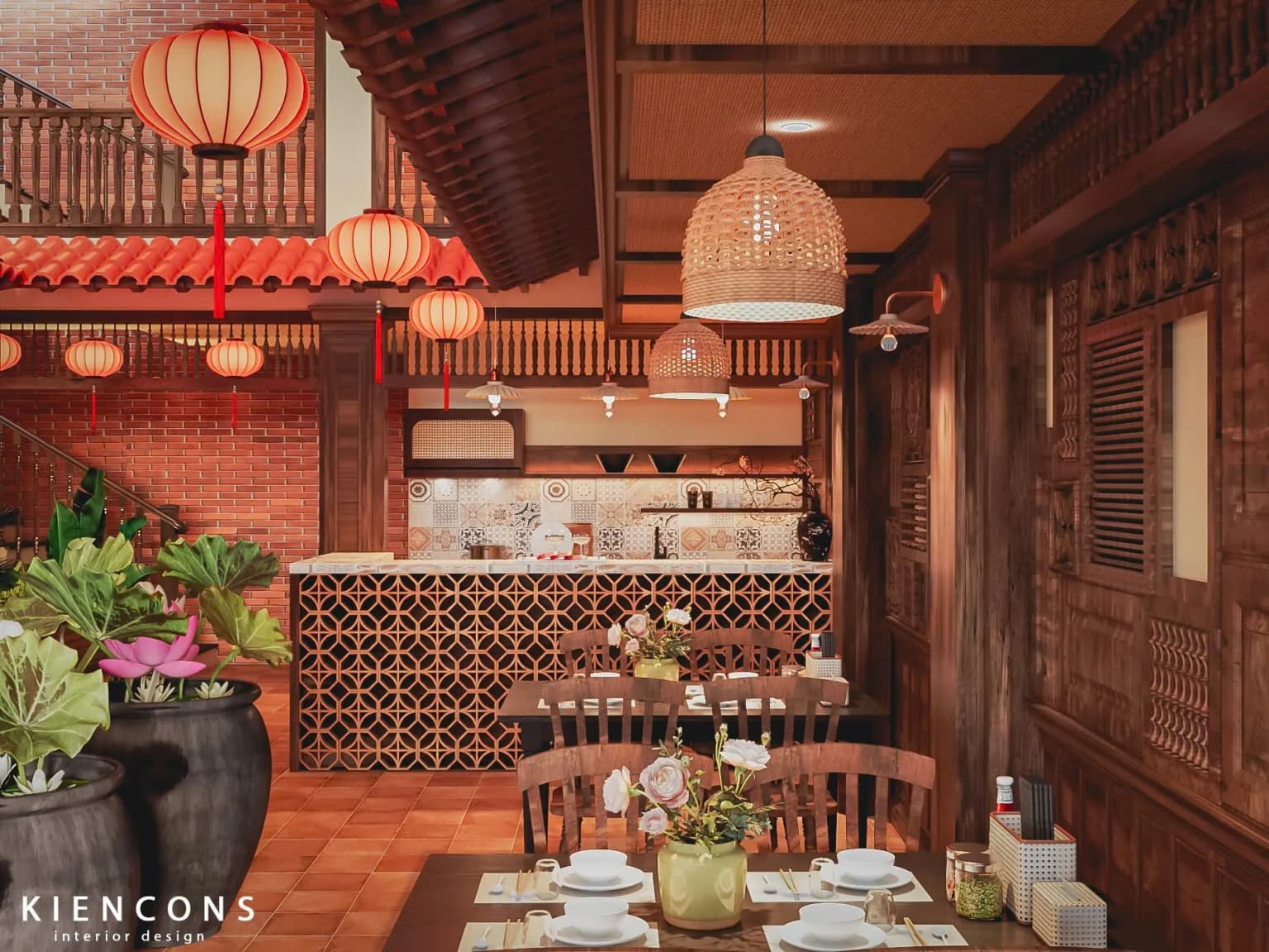 Không gian quán Cơm tấm Má Tư với phong cách Indochine ấm cúng